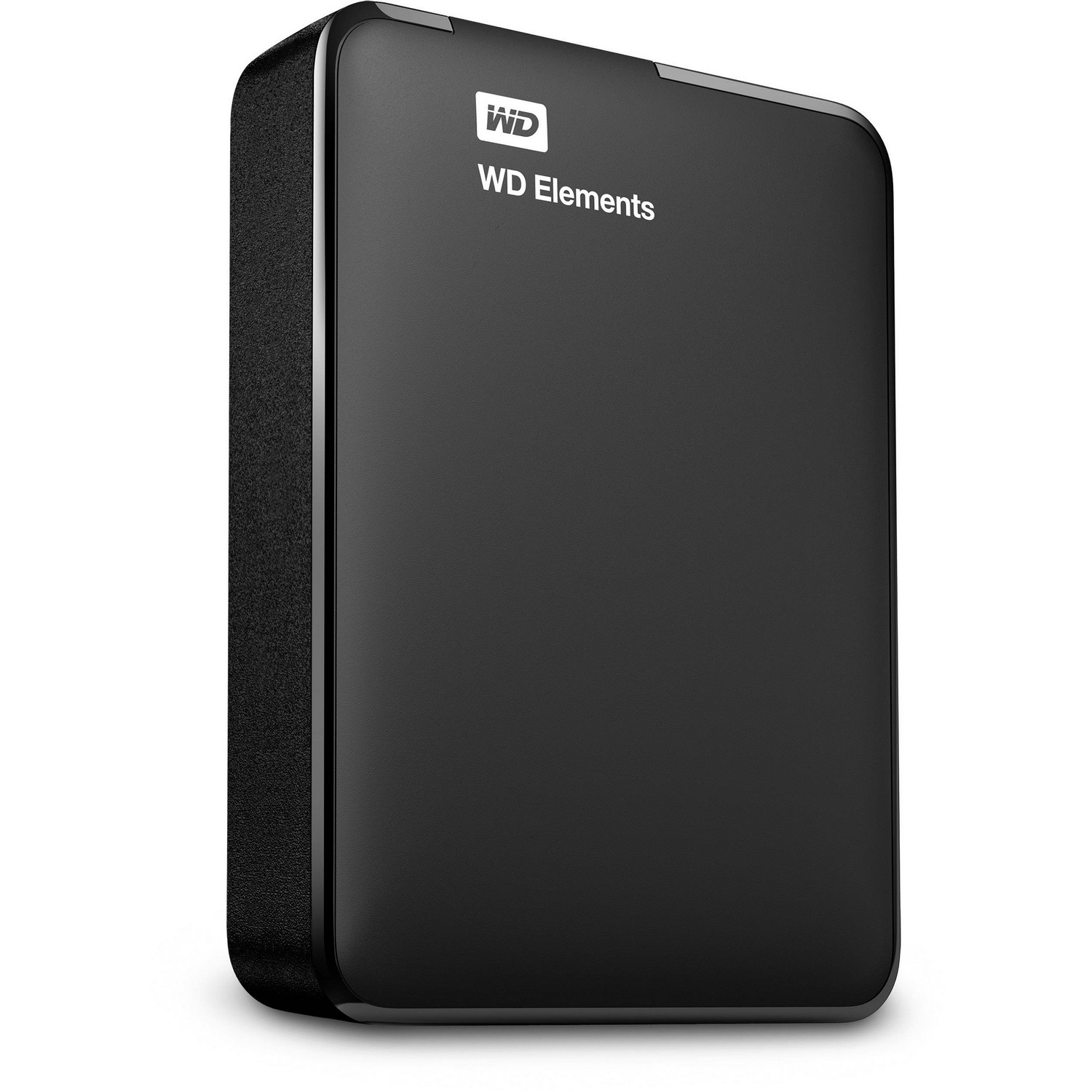 Un disco duro externo WD Elements negro con el logotipo de WD Elements sobre un fondo blanco.