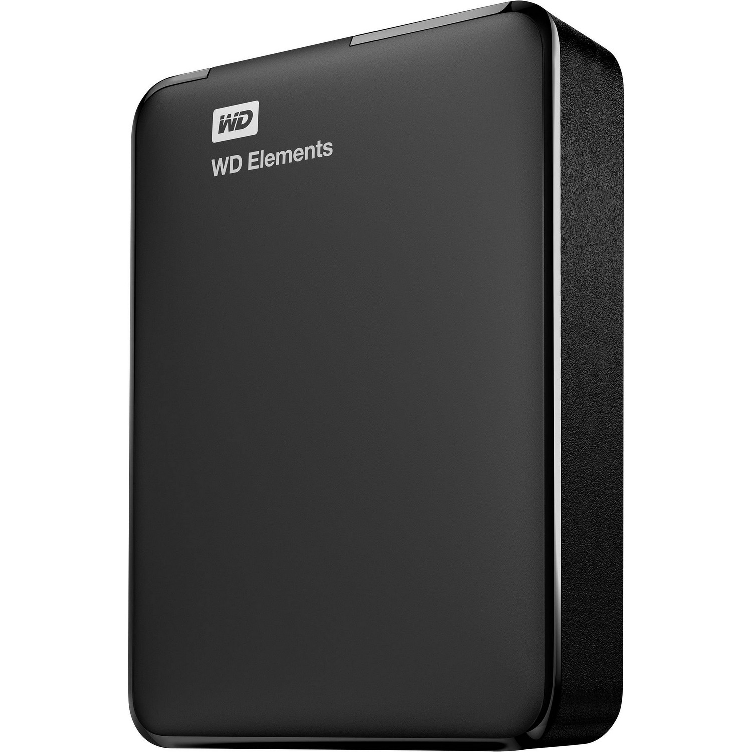 Un disco duro externo WD Elements negro. La parte frontal tiene el logotipo de WD Elements en blanco.