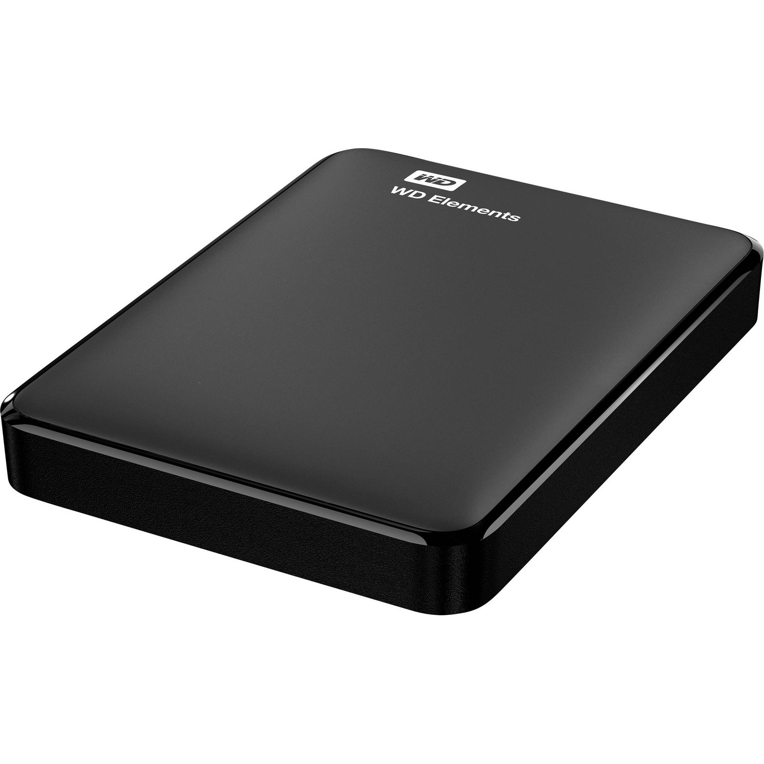 Un disco duro Western Digital negro. La superficie superior es lisa y reflectante, con el logo WB Elements.