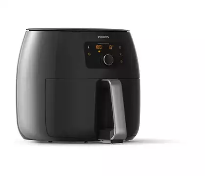 Black air fryer with a digital display. It is on a white background with a shadow.