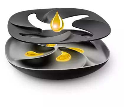 Black grill with oil drops. Two parts are visible, the bottom and the griddle. 