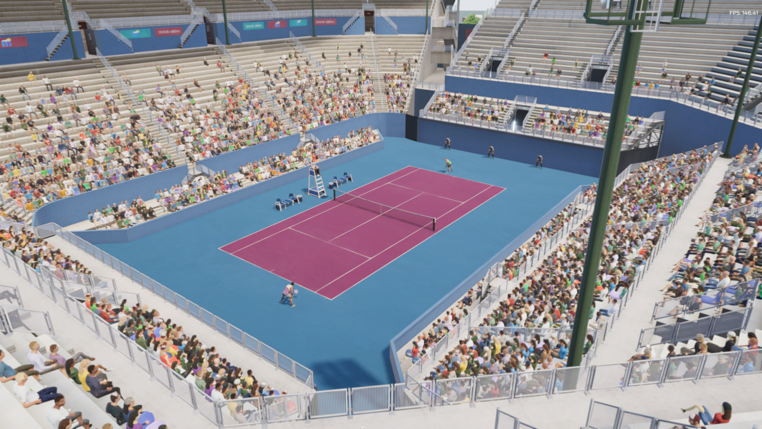 Een opname vanuit een hoog standpunt van een tennisstadion vol toeschouwers.