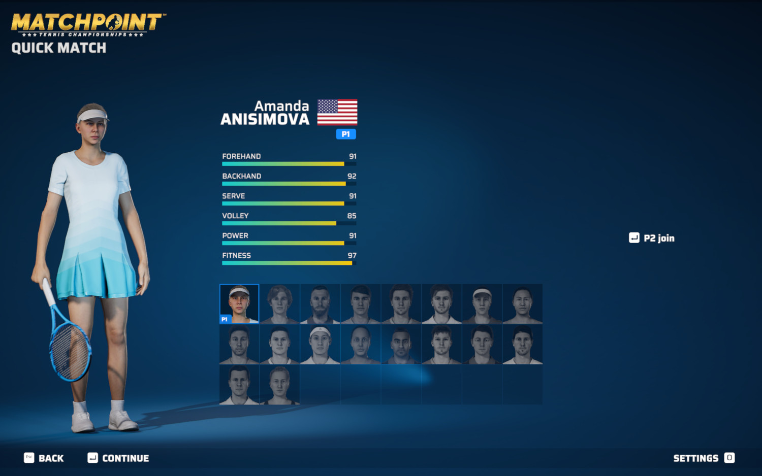 Tennis game interface met Amanda Anisimova. Statistieken en speler selectie interface.