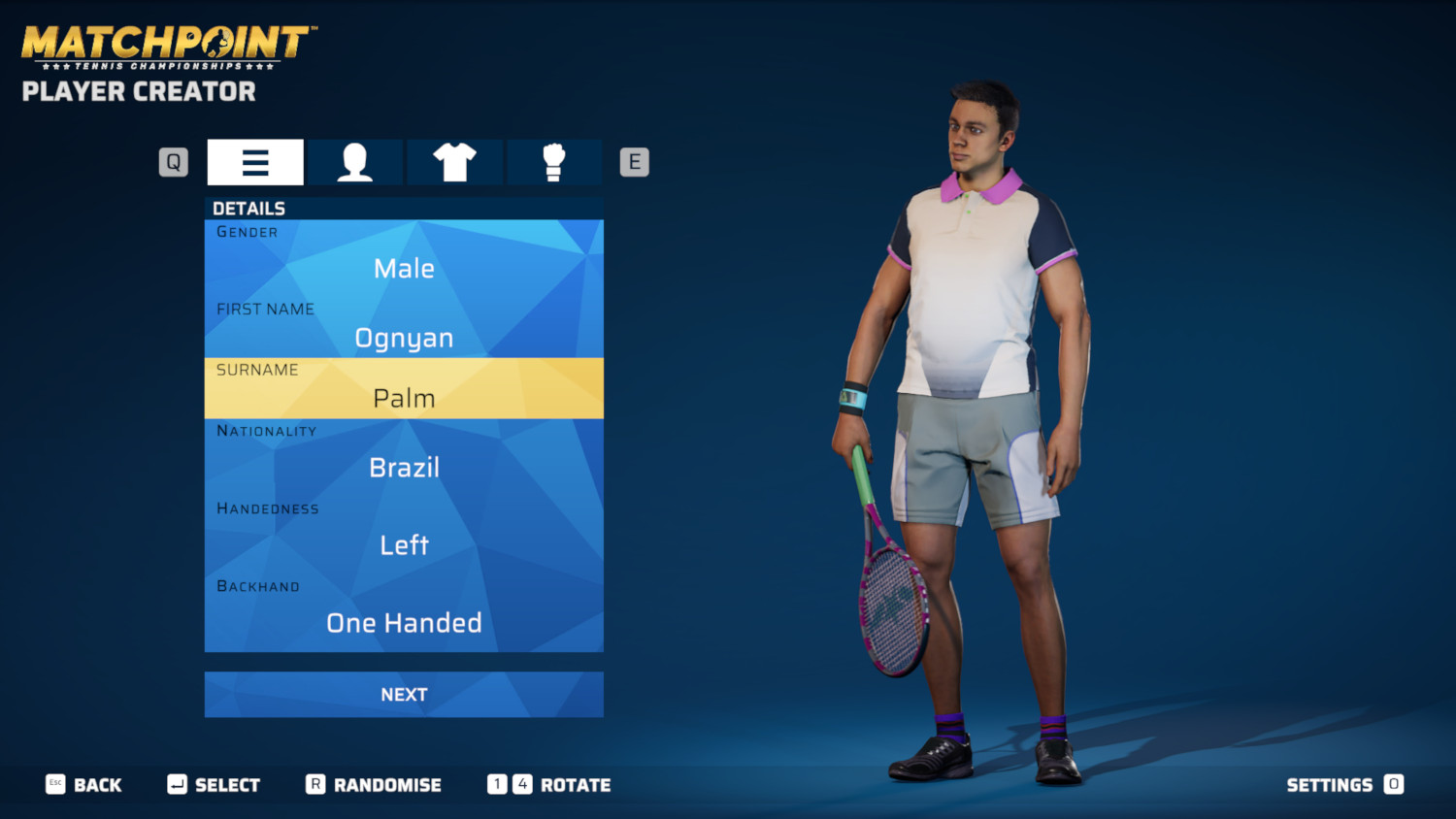 Een scherm voor het maken van een personage uit een tennisspel. Er wordt een man met een racket weergegeven, met bewerkbare details.