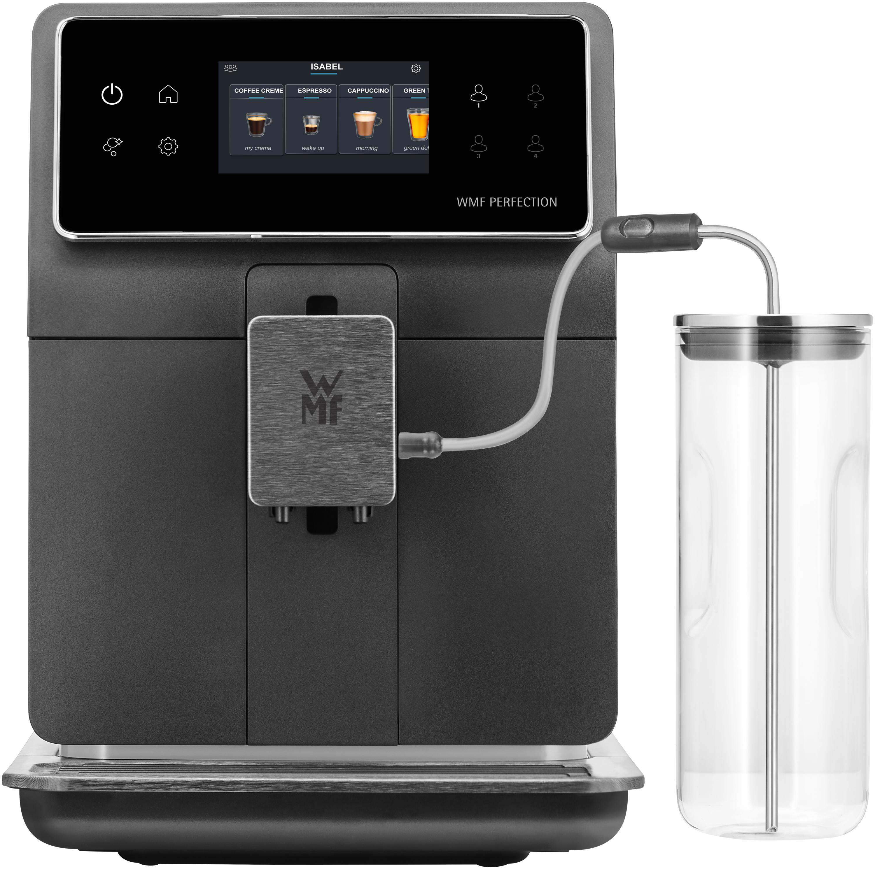 Eine schwarze WMF Perfection Kaffeemaschine mit Milchbehälter und Schnittstelle.