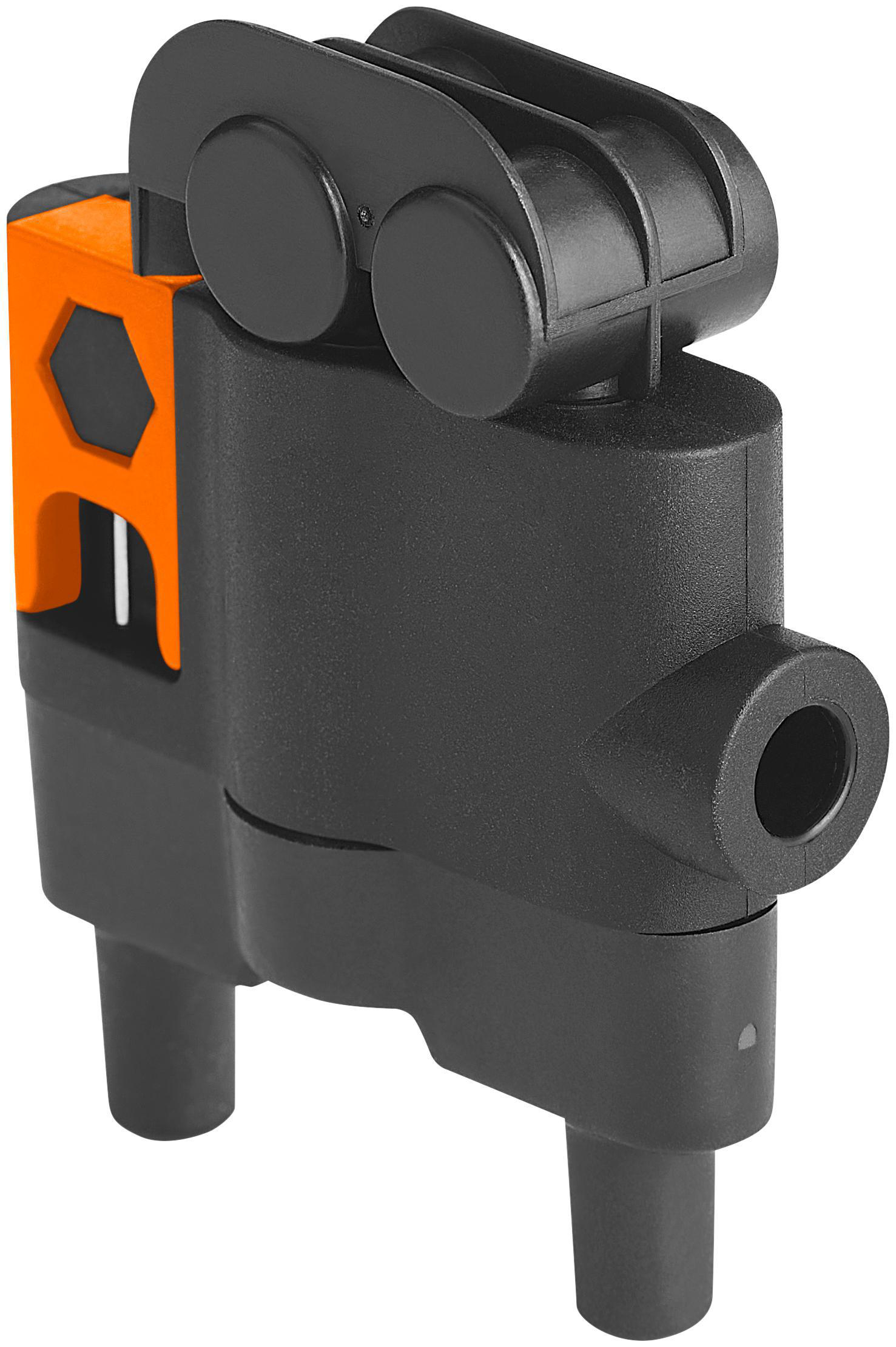 Schwarz-oranger Stecker mit zwei zylindrischen Teilen und Loch.