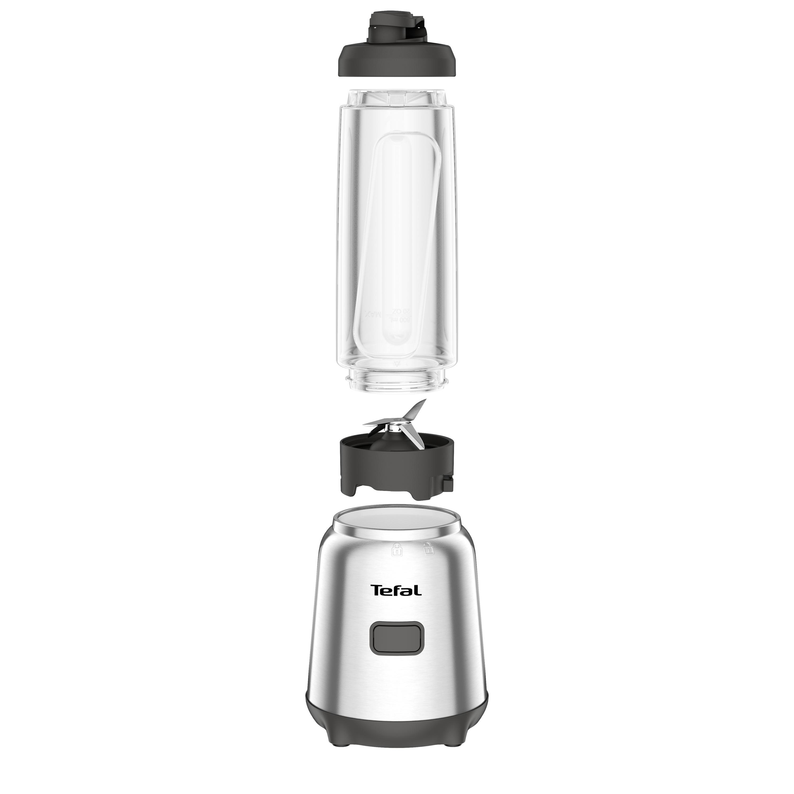 Explosionszeichnung eines Tefal-Mixers mit Becher, Klingen und Basis.