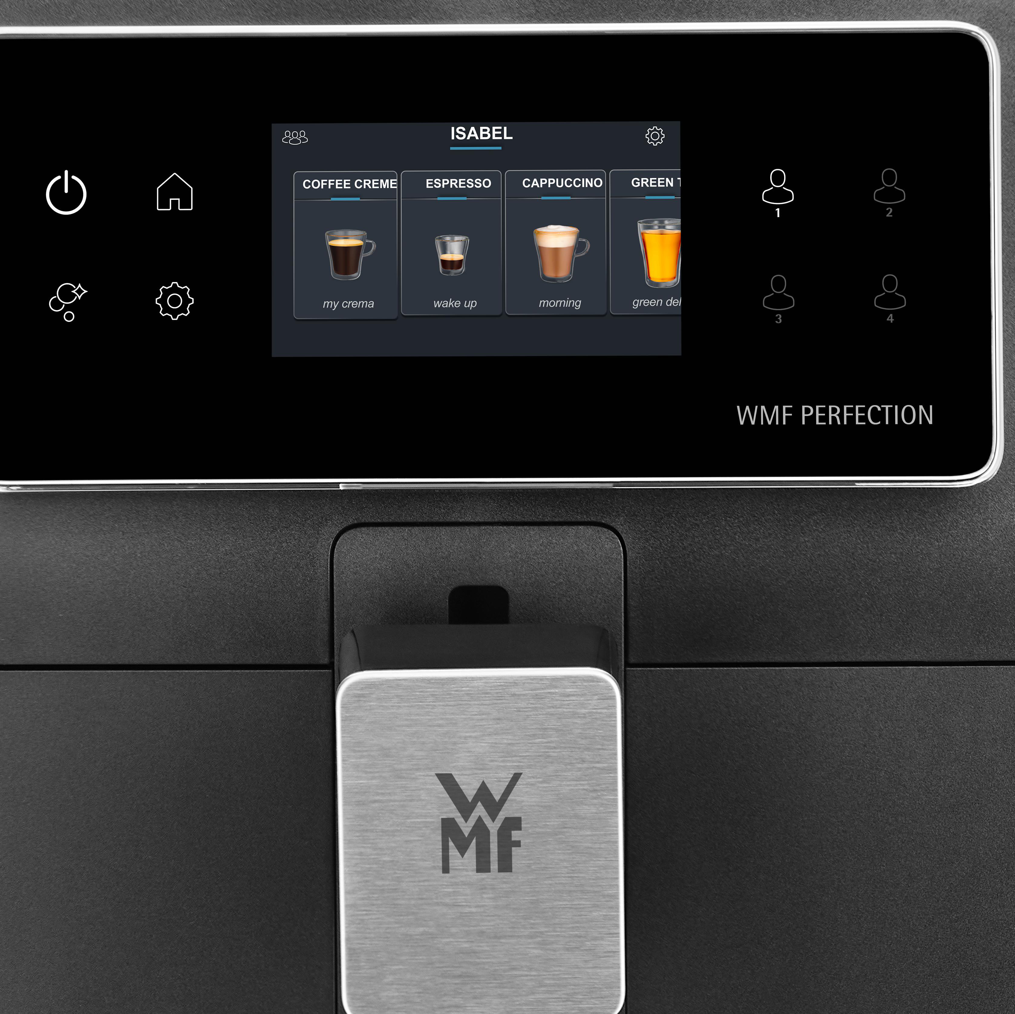 Schwarzes Kaffeemaschinendisplay mit Kaffeeoptionen, Symbolen und dem Logo 'WMF PERFECTION'.