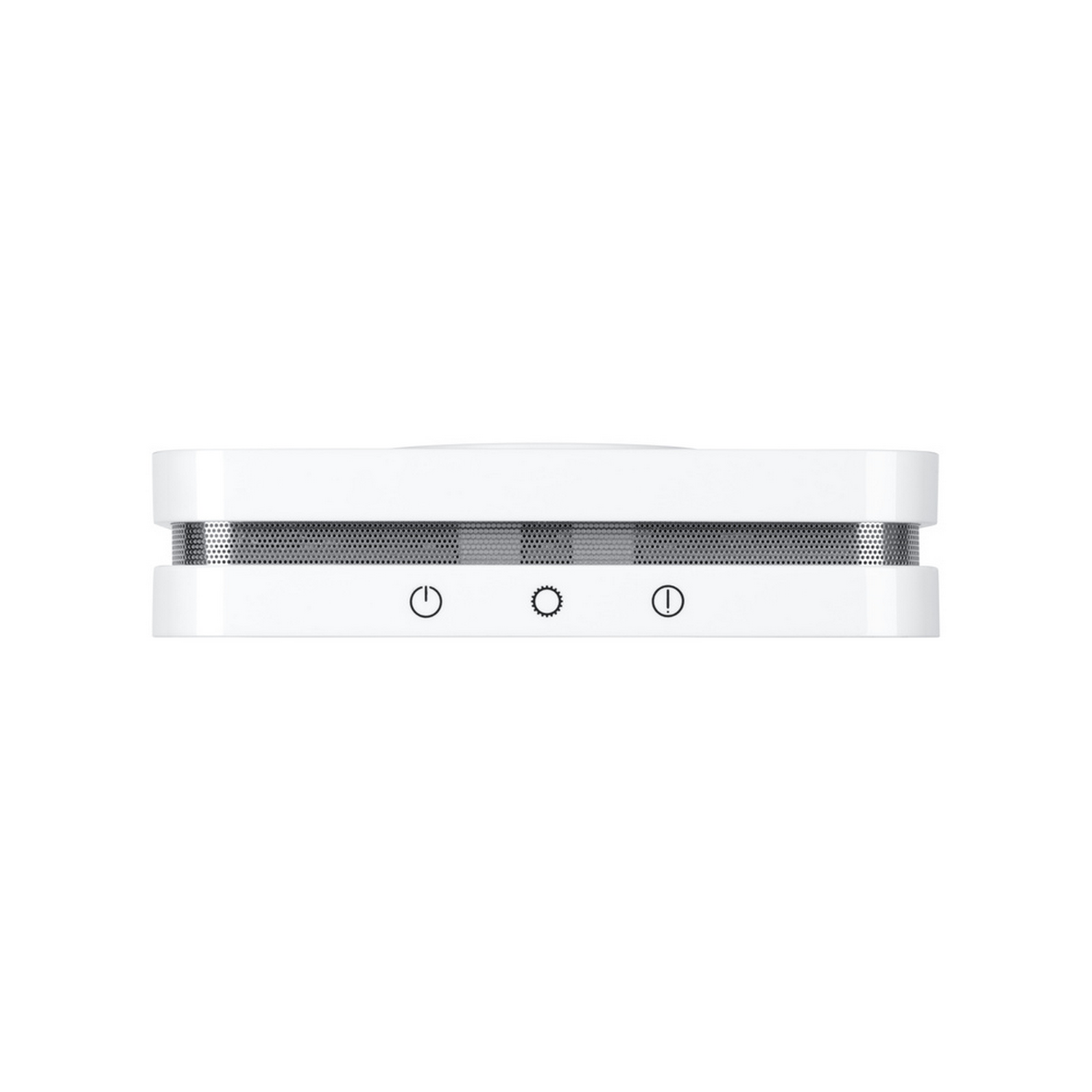 Detector de humo blanco con tres símbolos. Fondo blanco.