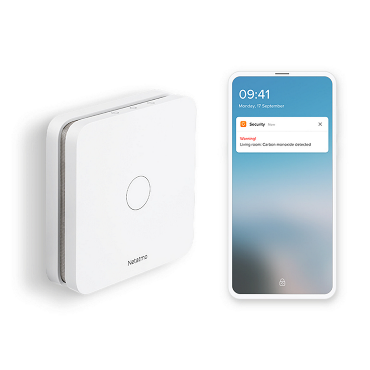 Un dispositivo Netatmo blanco junto a una pantalla de teléfono que muestra una advertencia de monóxido de carbono.