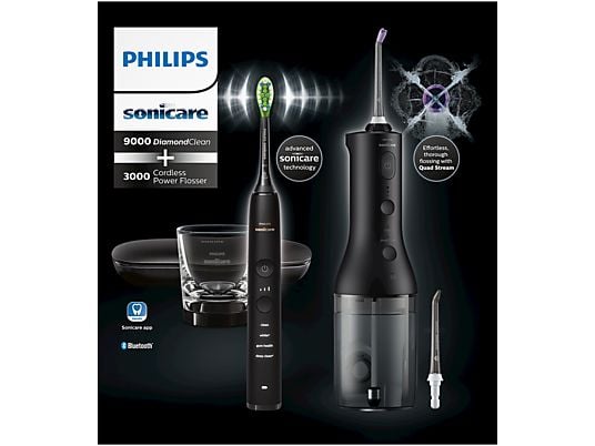 PHILIPS HX3866/43 Sonicare Diamond Clean 9000 Elektrische Tandenborstel + Power Flosser 3000 Monddouche Zwart