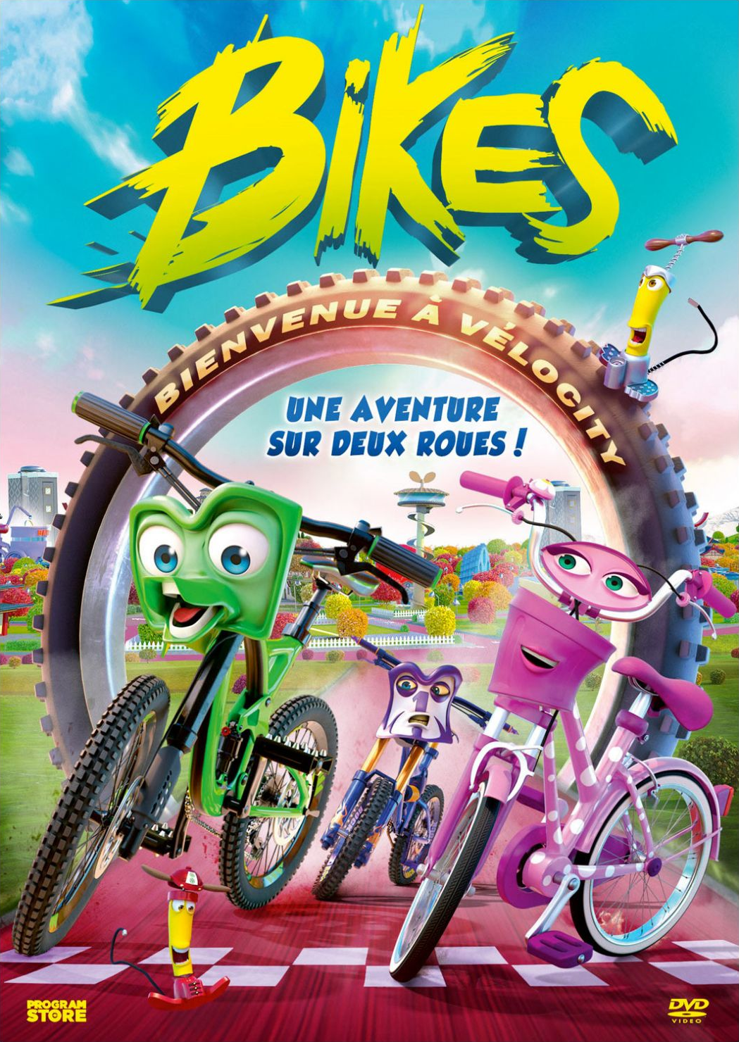 Affiche de film. Vélos de dessins animés. Texte : Bikes, Bienvenue a Velocity.