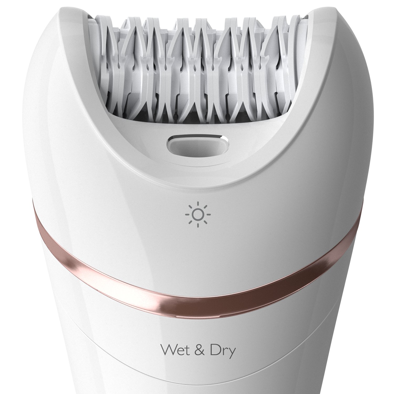 Een witte en roségouden elektrische scheerapparaat voor vrouwen. De scheerkop is zichtbaar, met de tekst 'Wet & Dry' eronder.