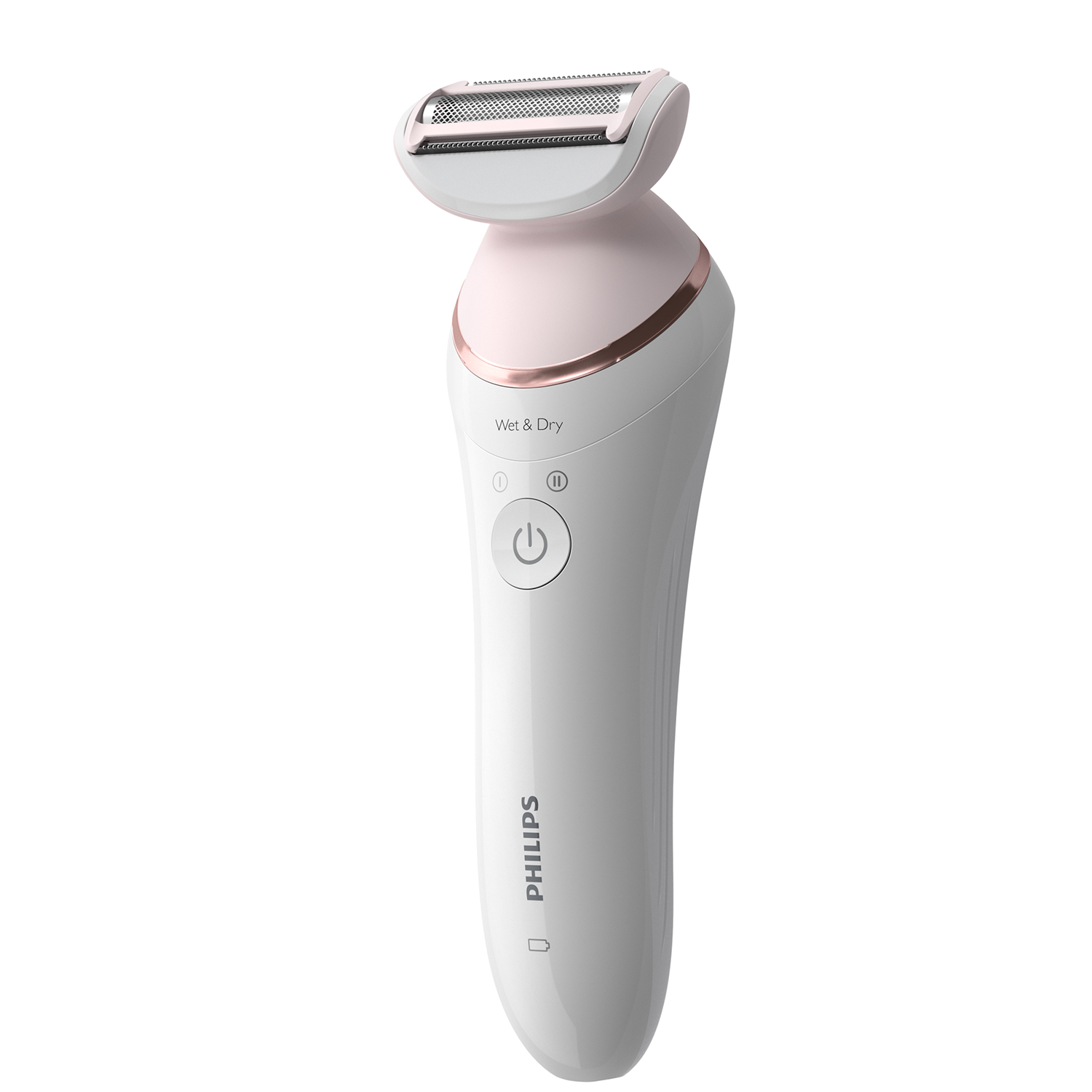 Een witte en roze elektrische scheerapparaat met gouden afwerking, staand.