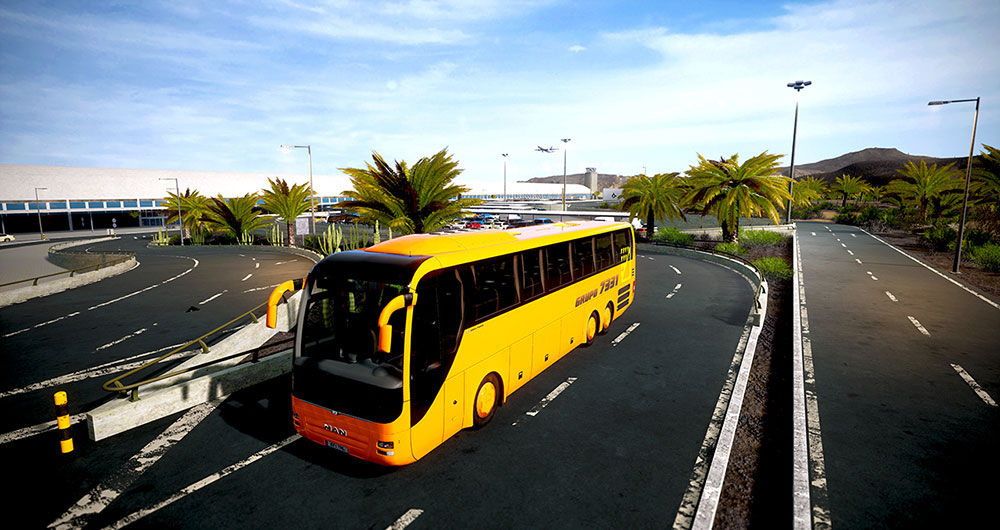 Autobus giallo che percorre una strada con palme, vicino a un aeroporto.