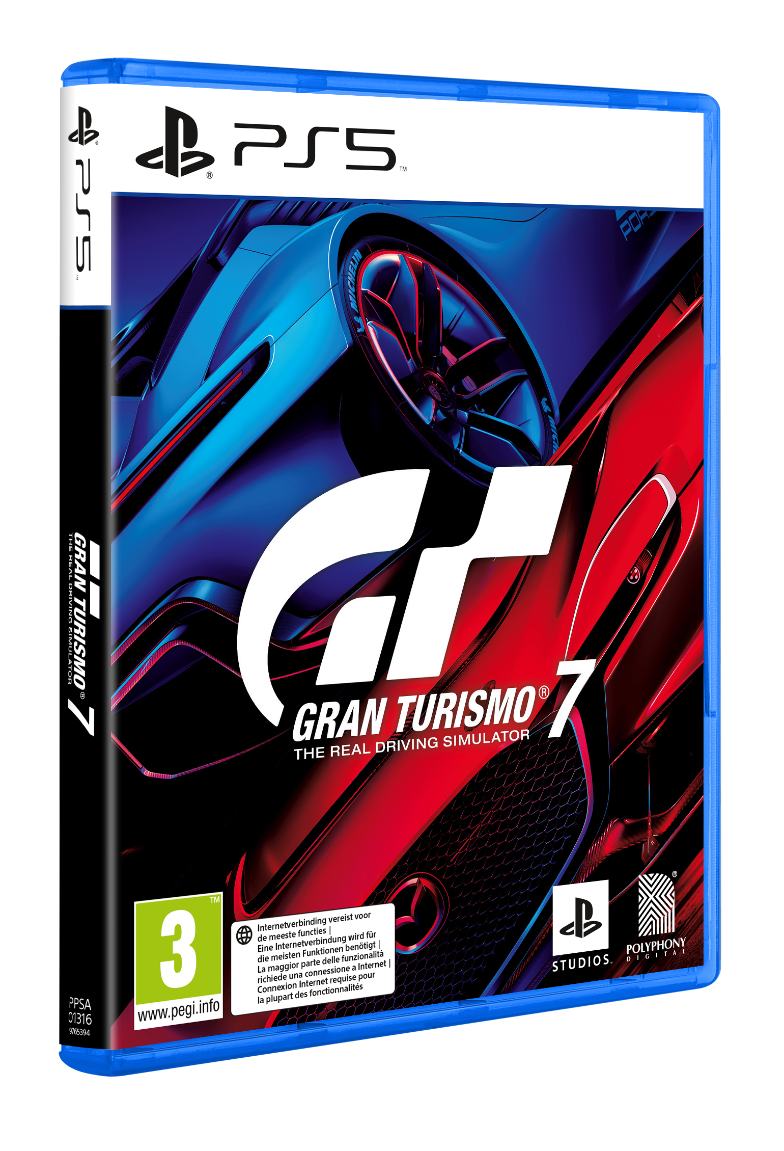 Gran Turismo 7 PS5 Spielhülle. Zeigt Autobilder und den Spieletitel. Blaue Hülle mit weißem Logo und Text.