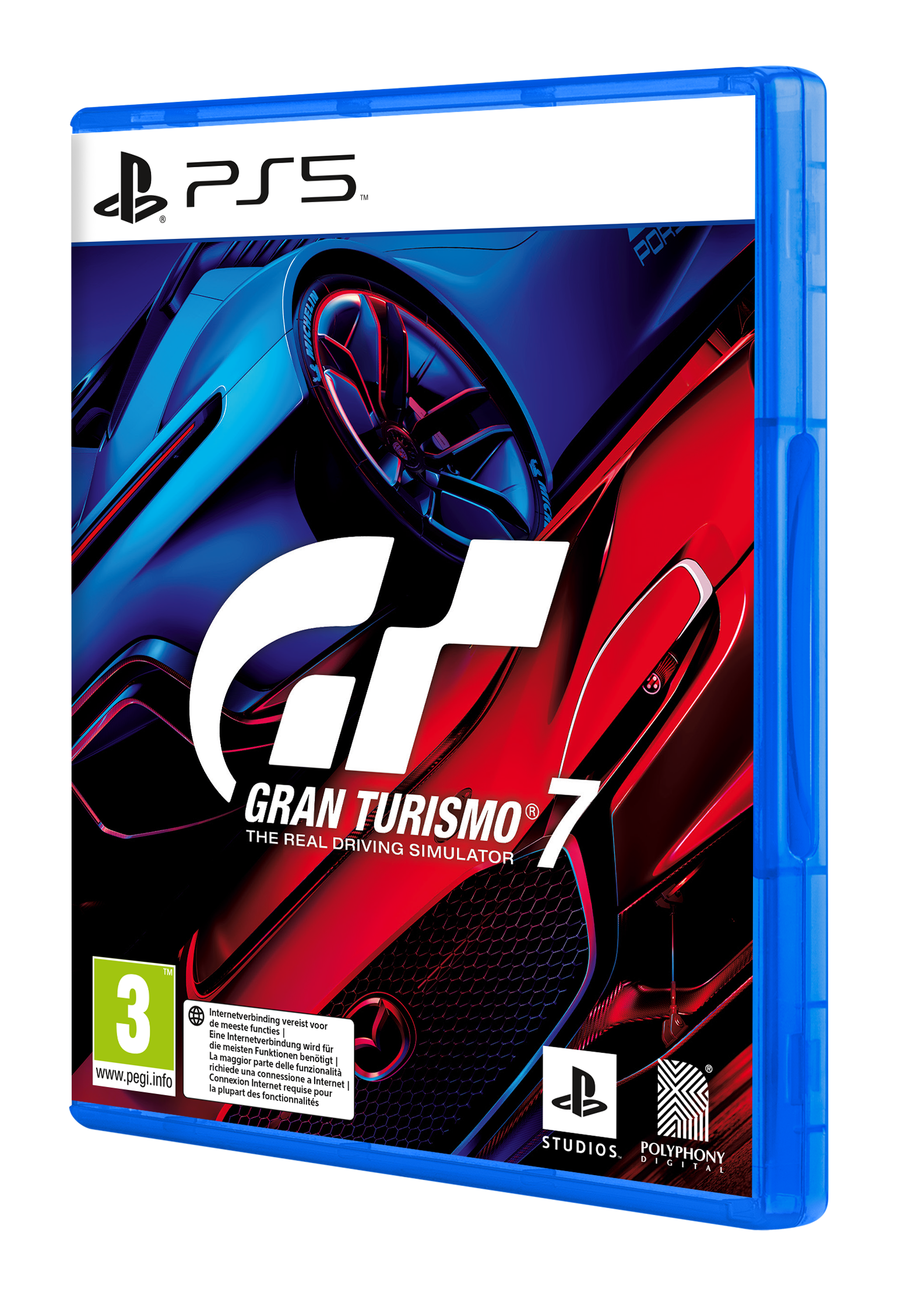PS5-Spielhülle für Gran Turismo 7 mit einem Sportwagen auf rotem Hintergrund.