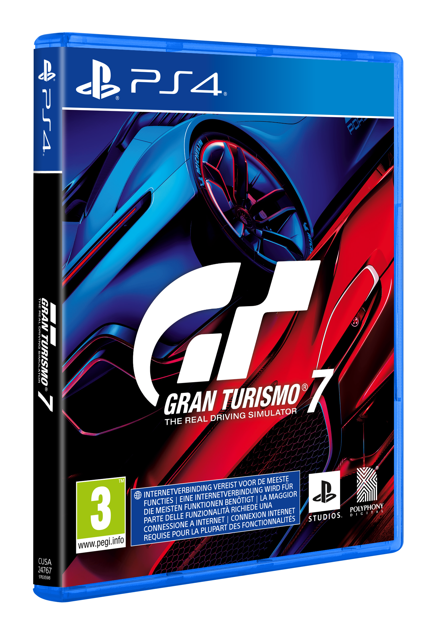 Eine blaue PS4-Spielhülle für Gran Turismo 7. Das Cover zeigt ein Autodesign.