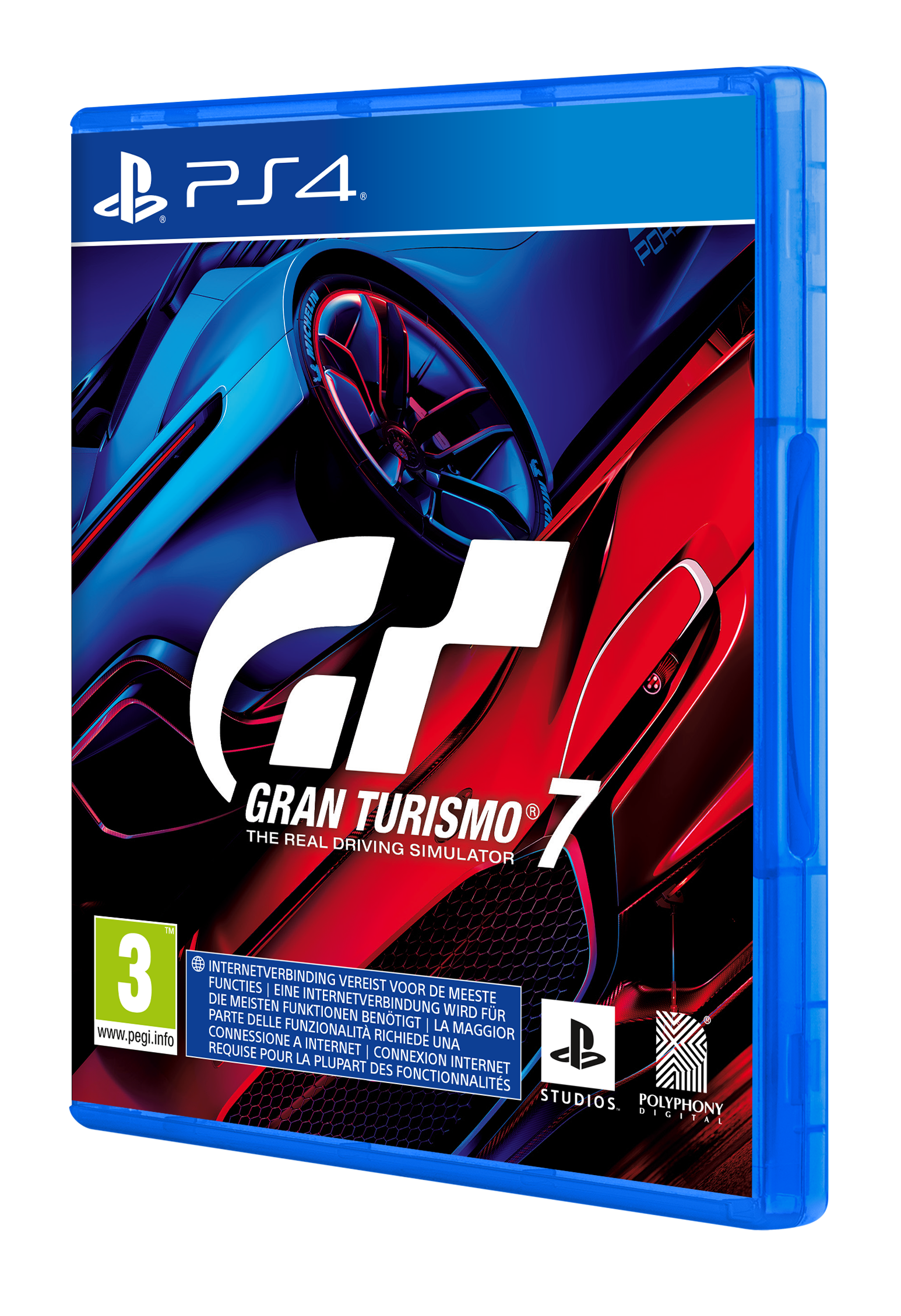 PS4-Spielhülle. Die Hülle ist rot, blau und weiß. Gran Turismo 7.