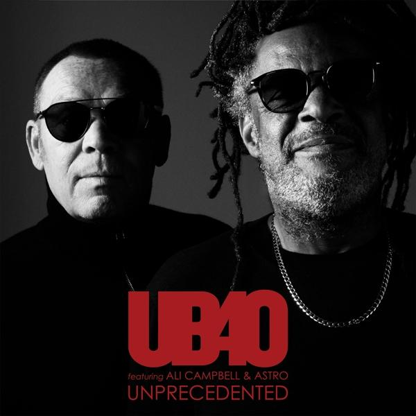 Pochette de l'album UB40 avec deux hommes en lunettes de soleil. Logo rouge UB40 sur fond noir.