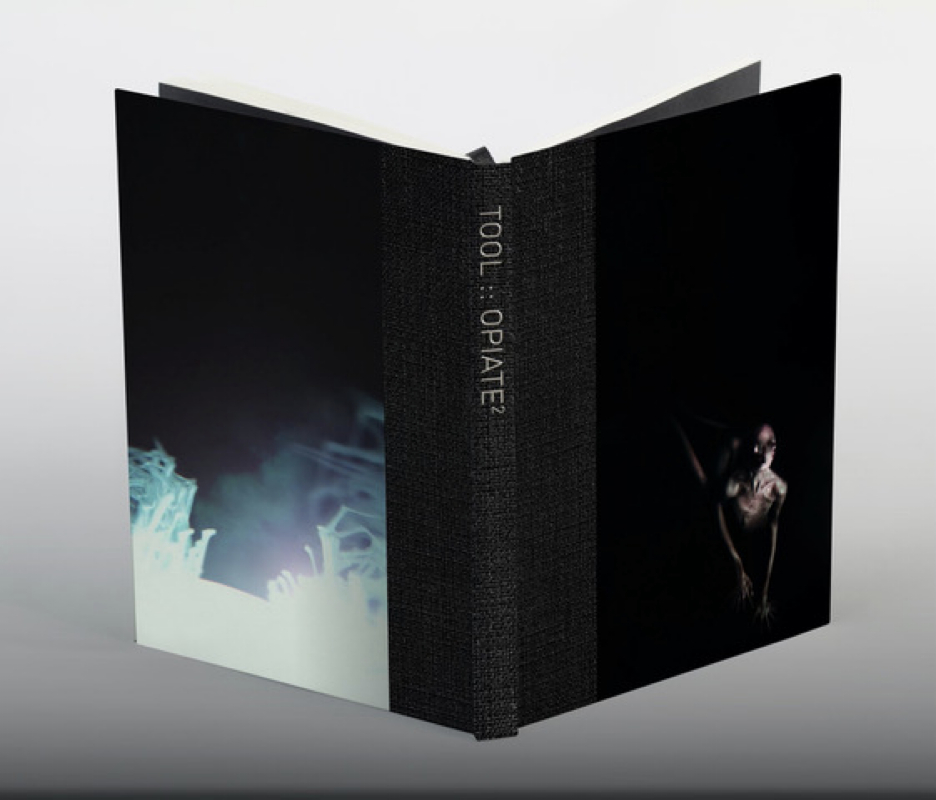 Ein offenes Buch, mit schwarzem Einband und dunklem Innenraum mit einer Figur. Der Titel lautet TOOL.