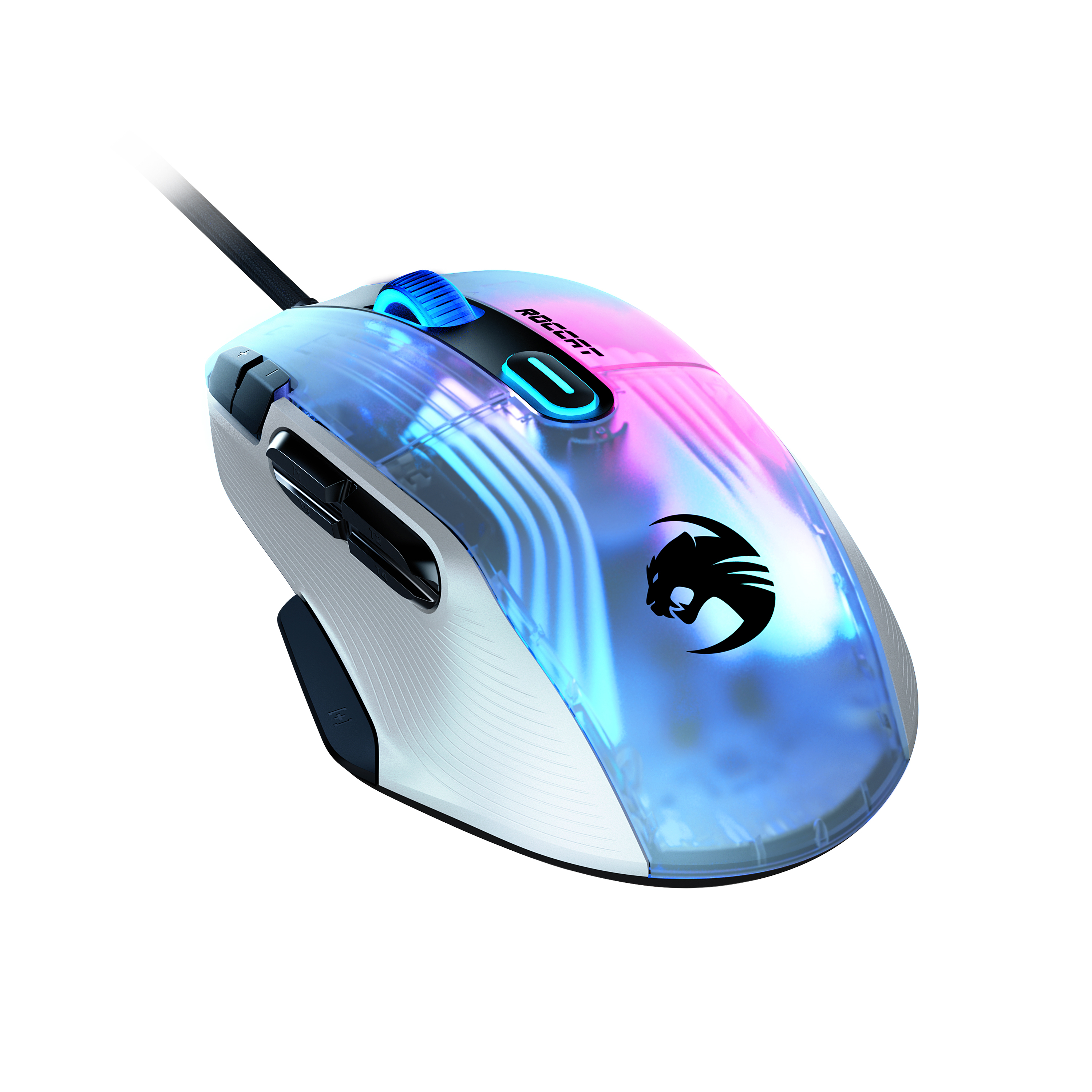 Gaming-Maus mit transparentem Gehäuse, beleuchtet mit blauen und rosa Lichtern, schwarzem Logo und schwarzem Kabel.