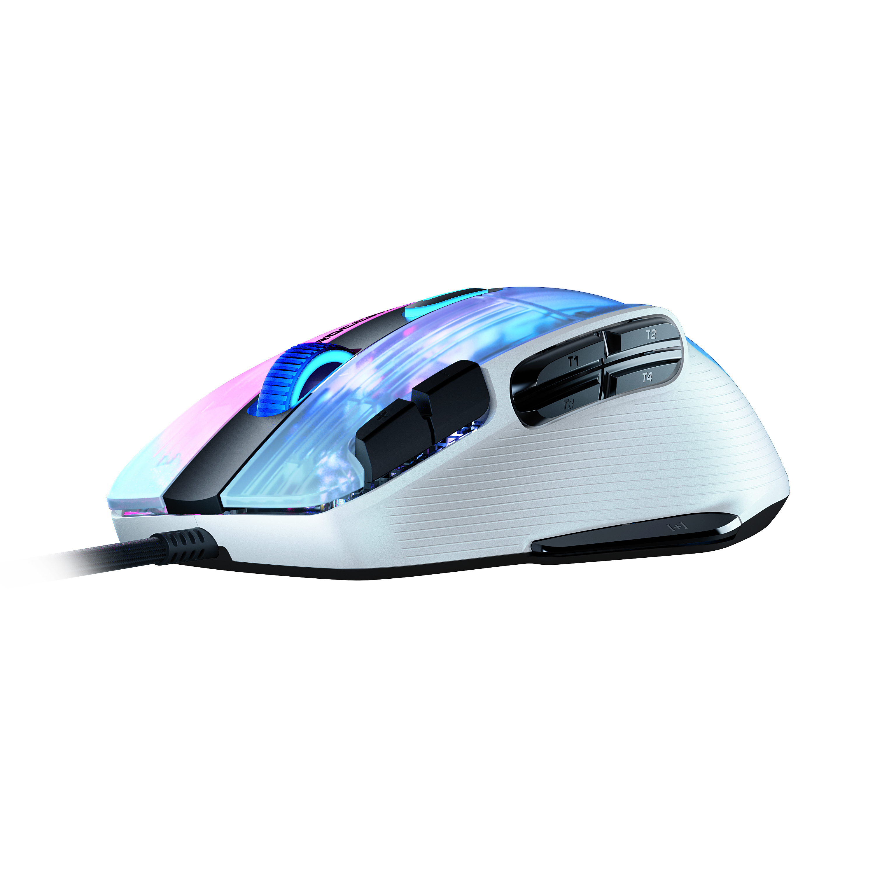 Weiße Gaming-Maus mit RGB-Beleuchtung. Mit Tasten an der Seite und oben, sichtbar.