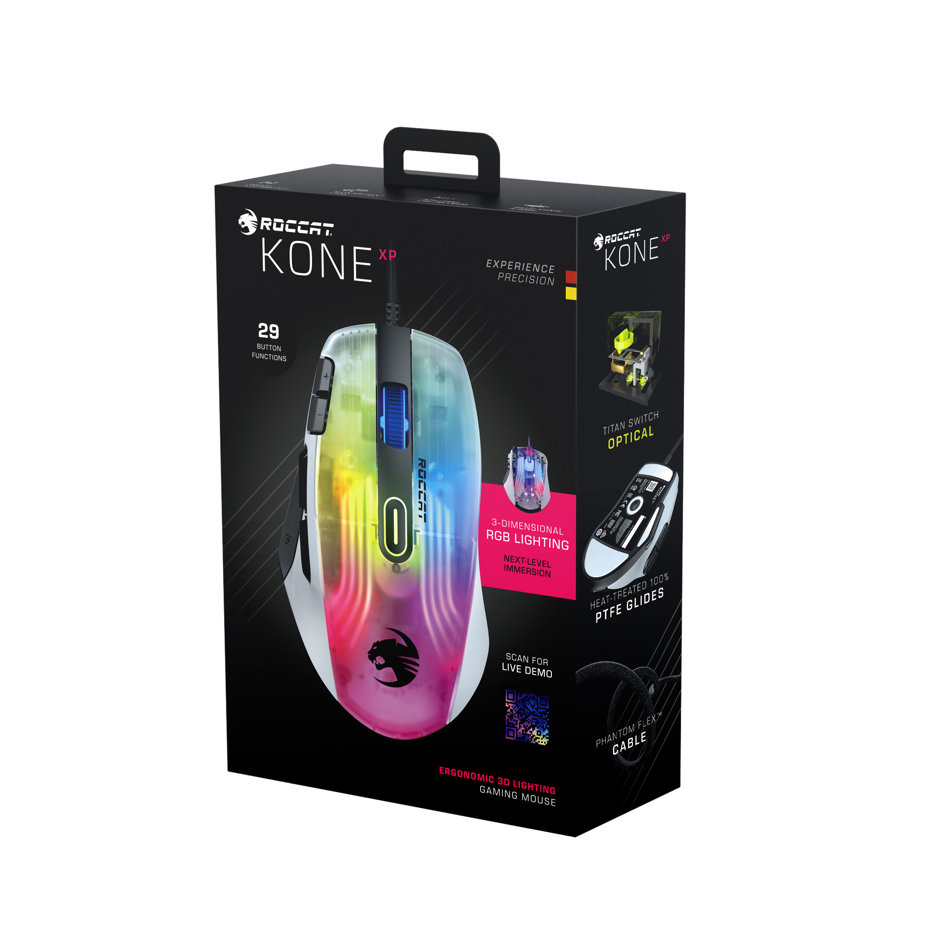 Eine Roccat Kone XP Gaming-Maus in einer Box. Die Maus hat RGB-Beleuchtung und 29 programmierbare Funktionen.