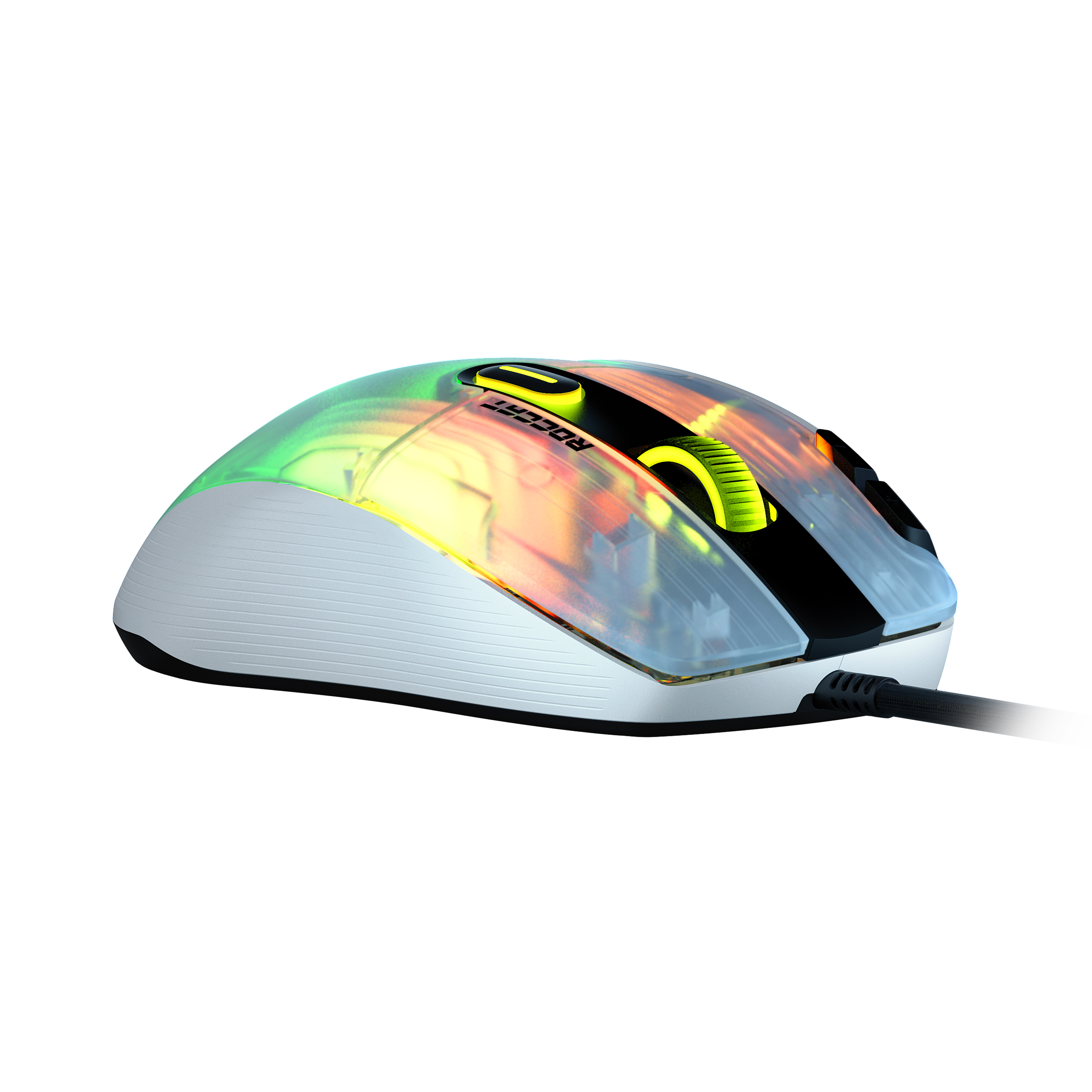 Eine Gaming-Maus mit RGB-Beleuchtung. Sie hat ein schwarzes Kabel und ein weißes Gehäuse mit transparentem Oberteil.