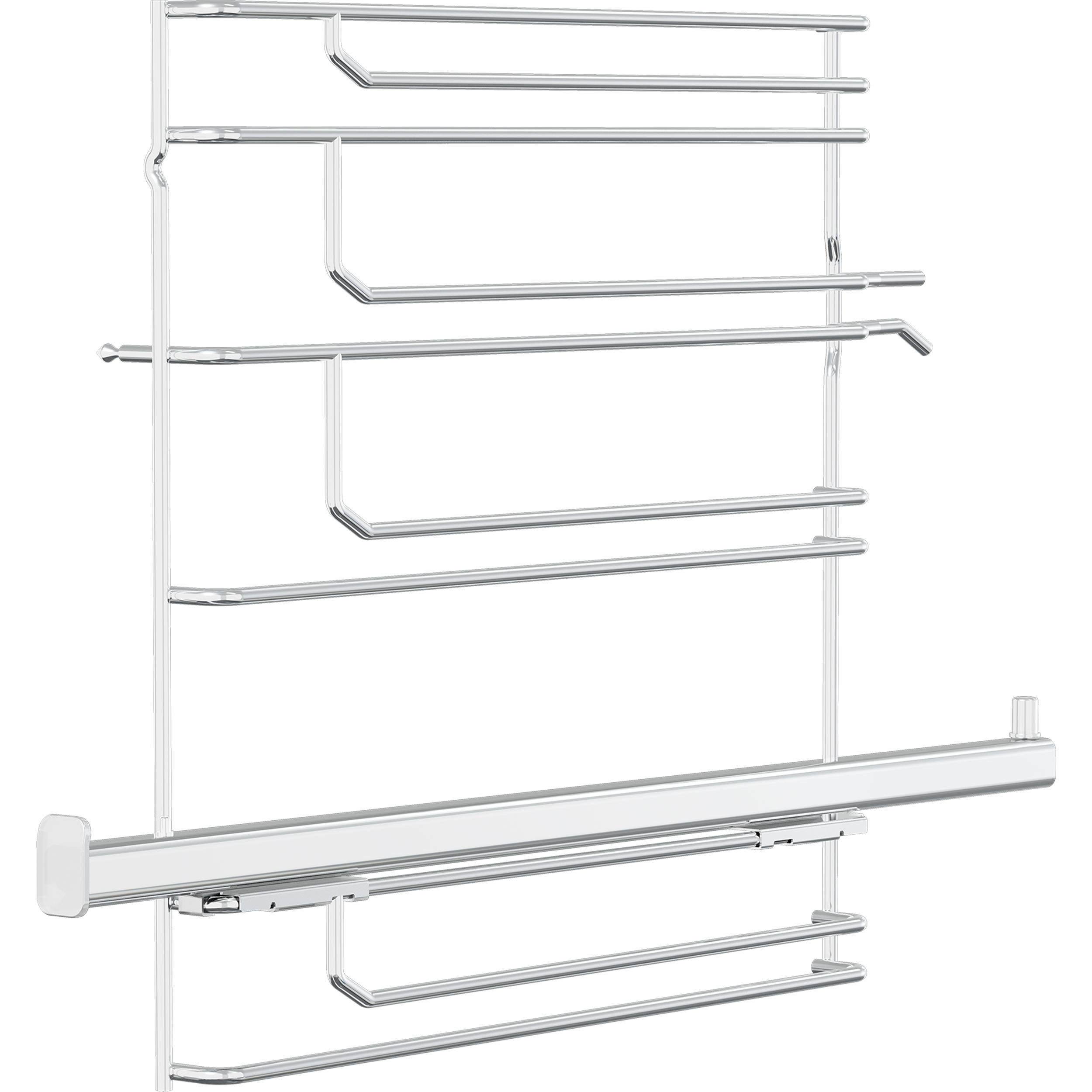 Ein Metallregalsystem. Es hat horizontale Stangen und vertikale Stützen, wahrscheinlich zur Aufbewahrung.