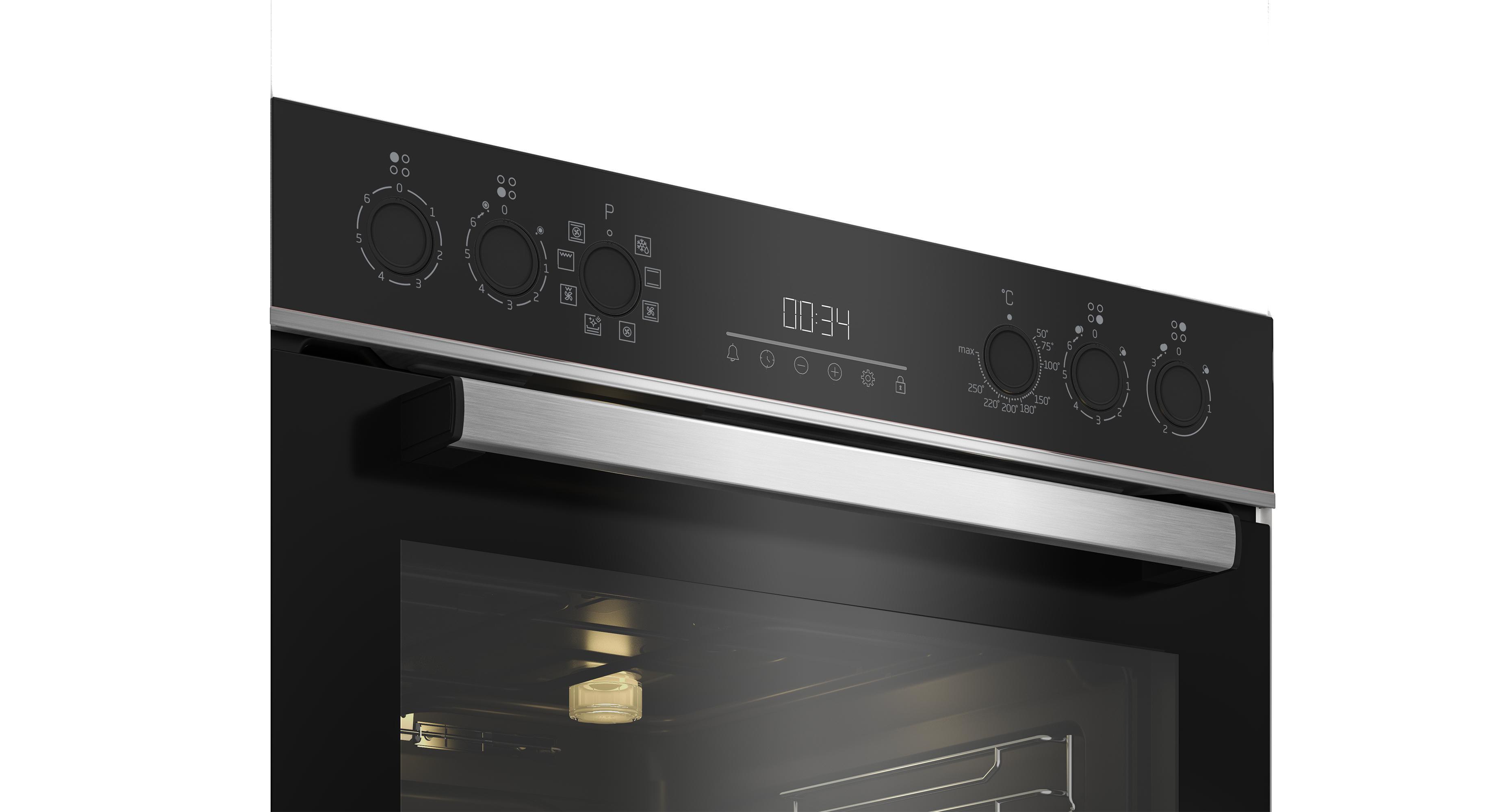 Backofen-Bedienfeld mit Knöpfen, Digitalanzeige und Edelstahlleiste.