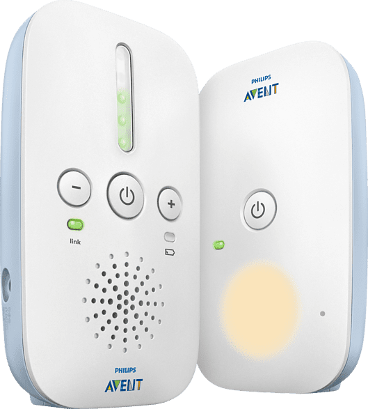 Ensemble de babyphone Philips Avent, deux appareils blancs et bleus avec boutons et lumières.