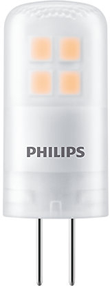 Een kleine witte LED-lamp met vier oranje lichtgevende vierkanten.