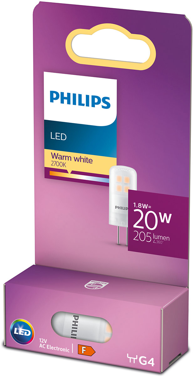Philips LED-lampverpakking. Witte lamp en tekst.