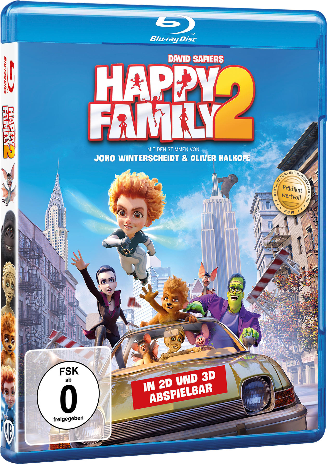 Blu-ray-Hülle von 'Happy Family 2' mit Zeichentrickfiguren in einer Stadtkulisse.