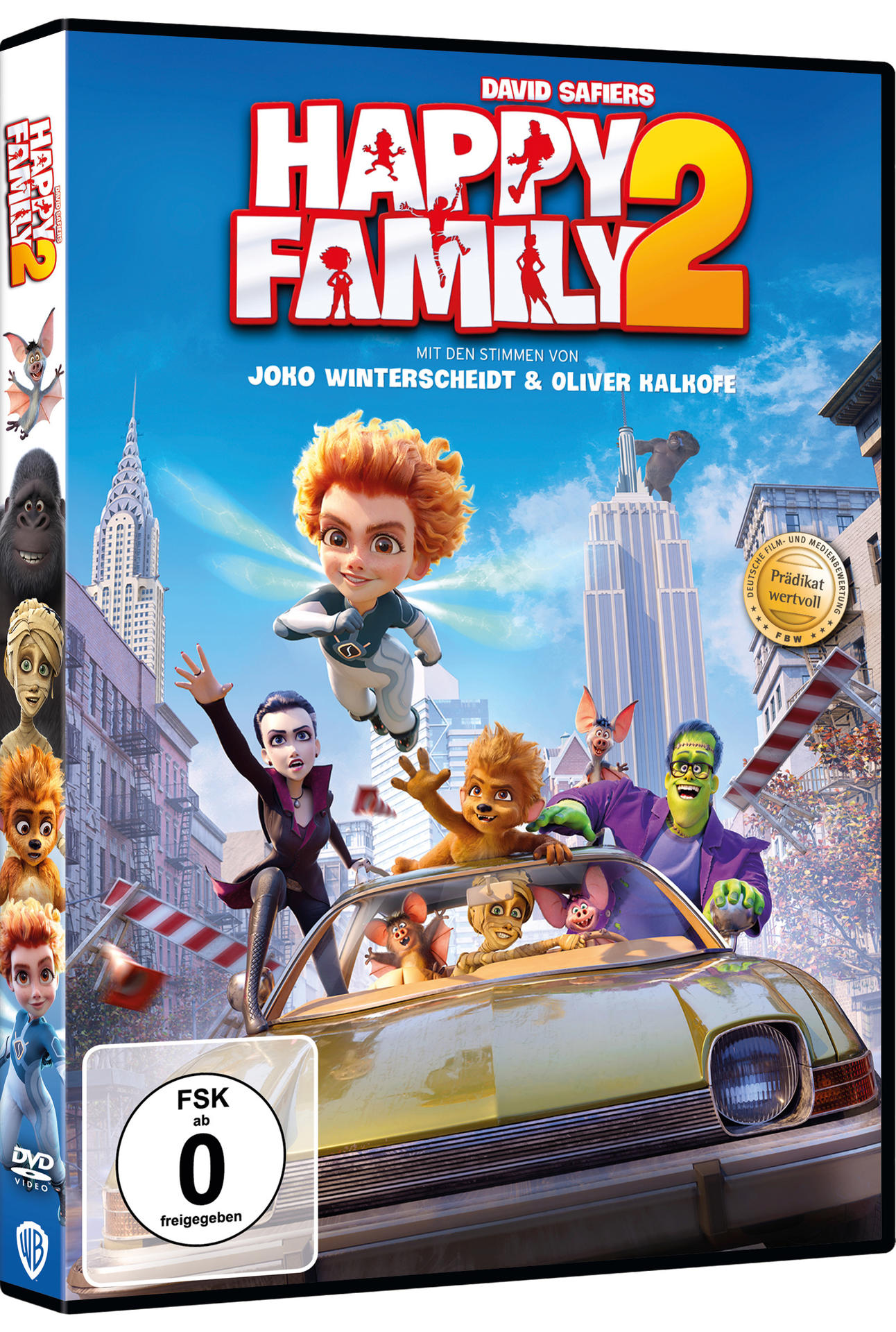 Filmposter mit Cartoon-Charakteren in einem Auto, Stadtlandschaft im Hintergrund. Titel: Happy Family 2.