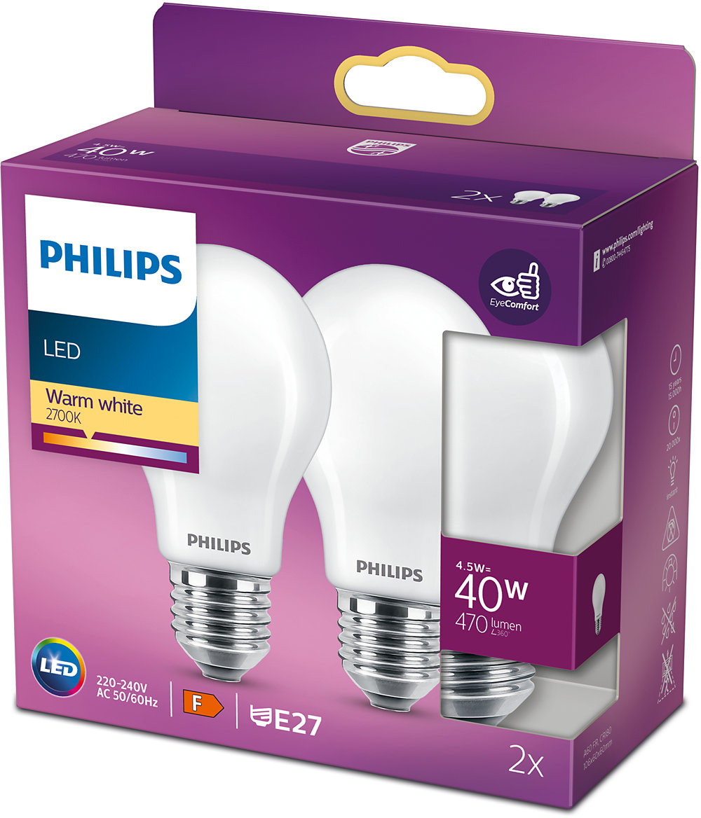 PHILIPS Ledlamp 2-pack 4.5 W - 40 W E27 Warmwit