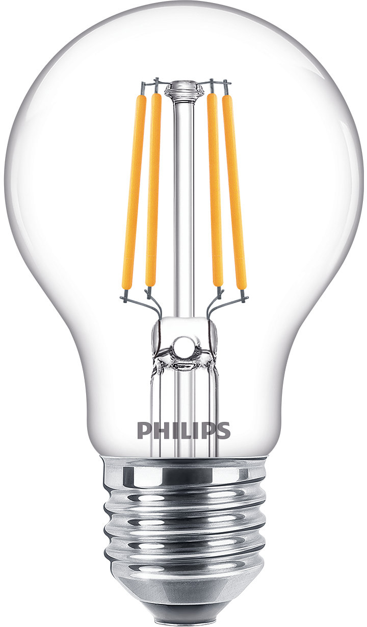 Een Philips LED-lamp met oranje filamenten, schroefbasis, helder glas.