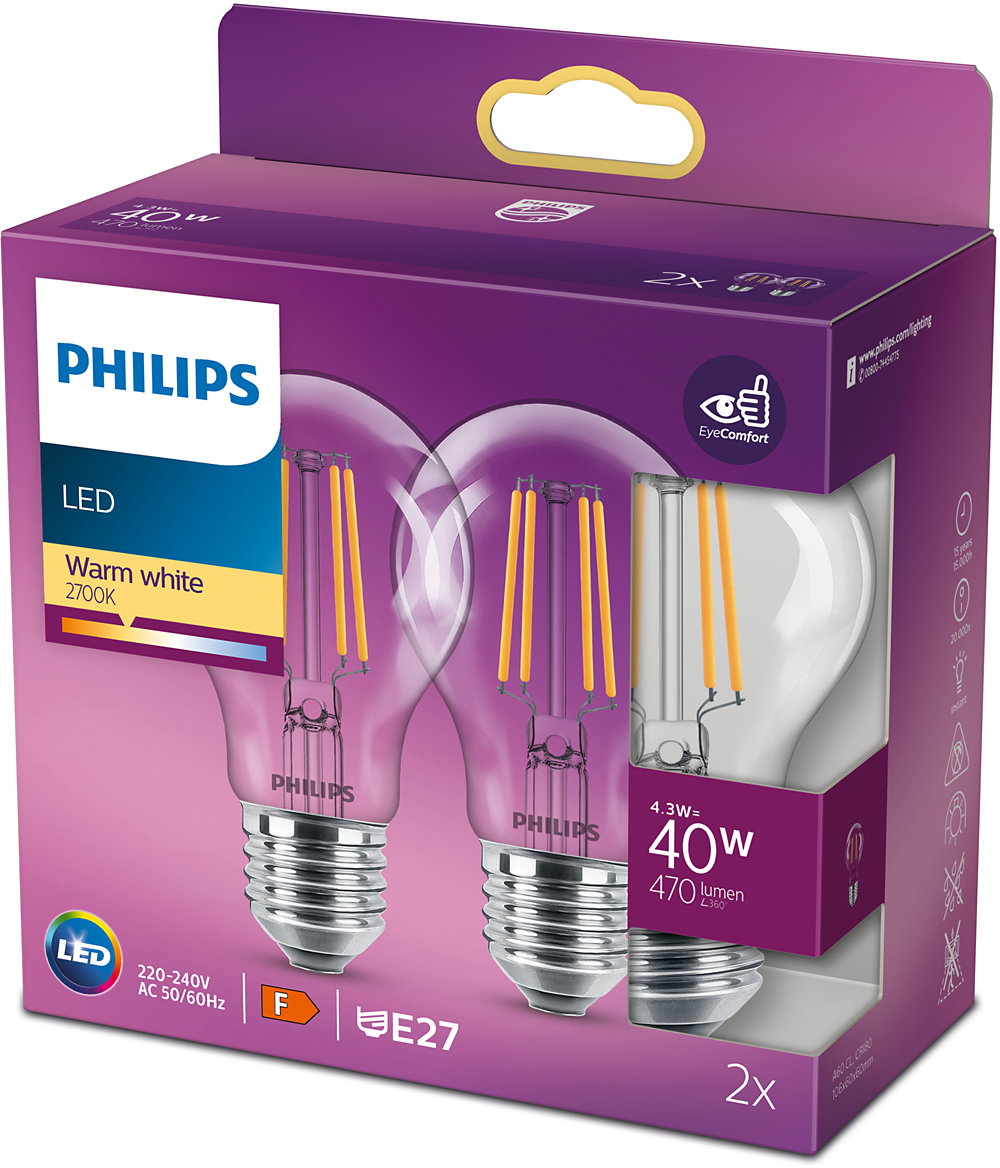 Twee Philips LED-lampen in een doos. Details: 40W, 470 lumen, warm wit, E27 fitting.