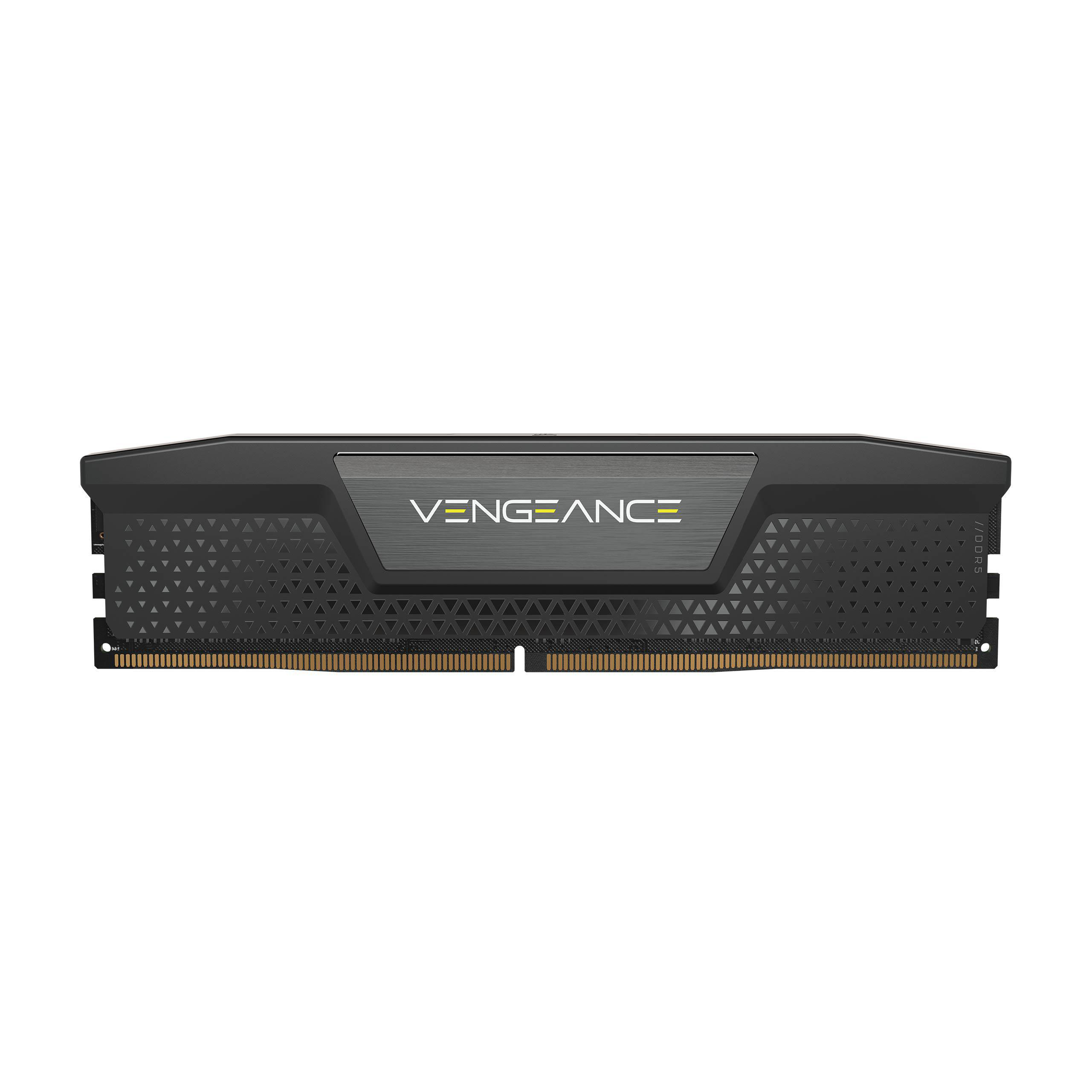 Schwarzer RAM-Stick mit Vengeance-Logo. Er hat einen schwarzen Kühlkörper und goldene Anschlüsse.