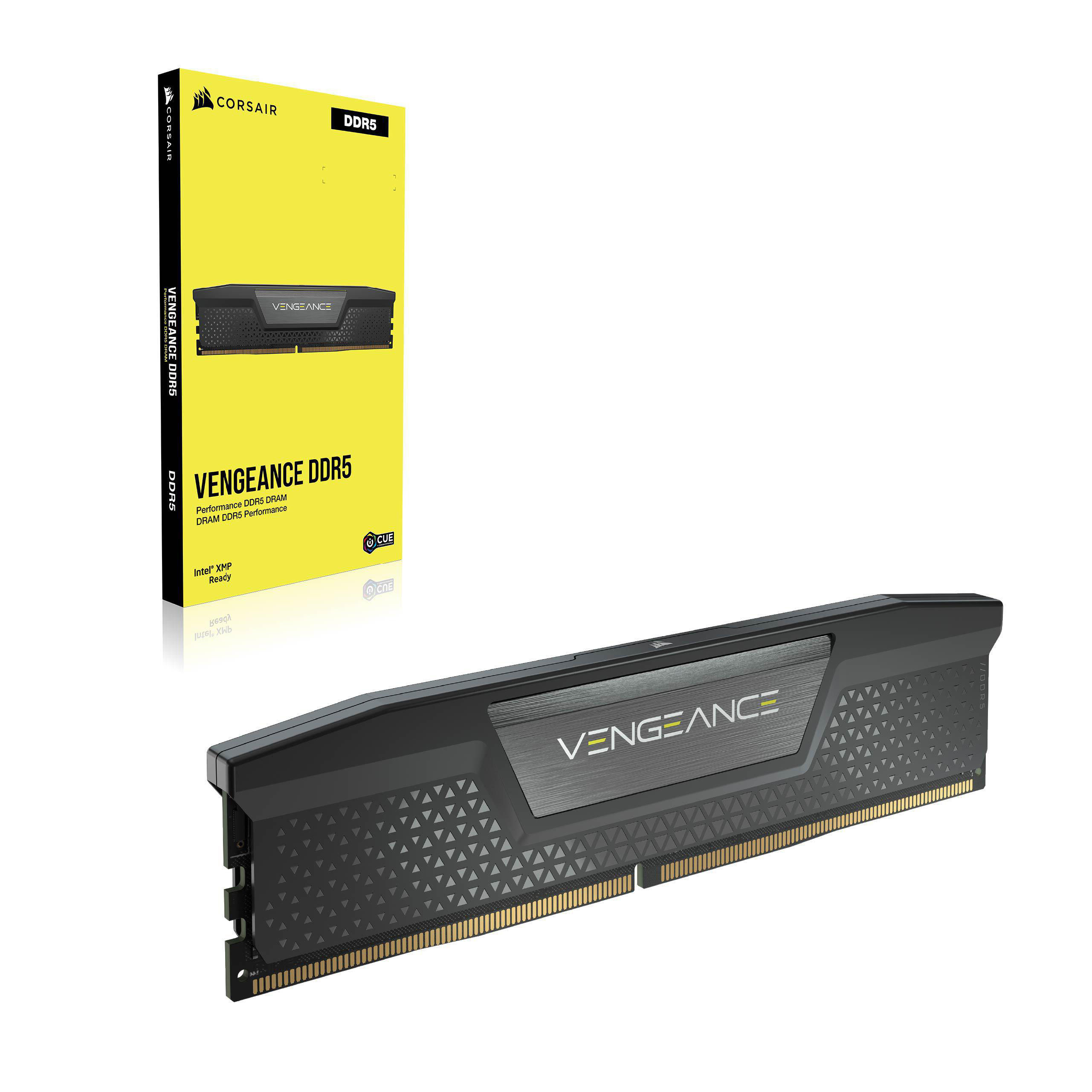 Schwarzer und gelber Corsair Vengeance DDR5 RAM-Riegel und -Box.