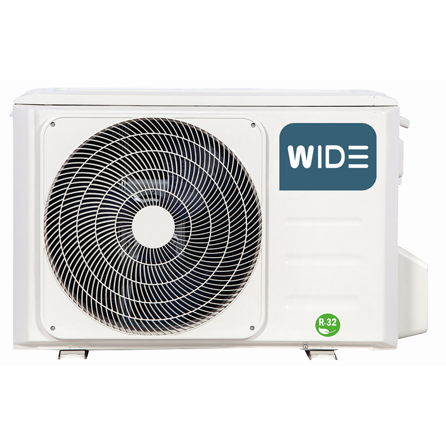 Unidad de aire acondicionado blanca con ventilador negro y la palabra 'WIDE' en el lateral.