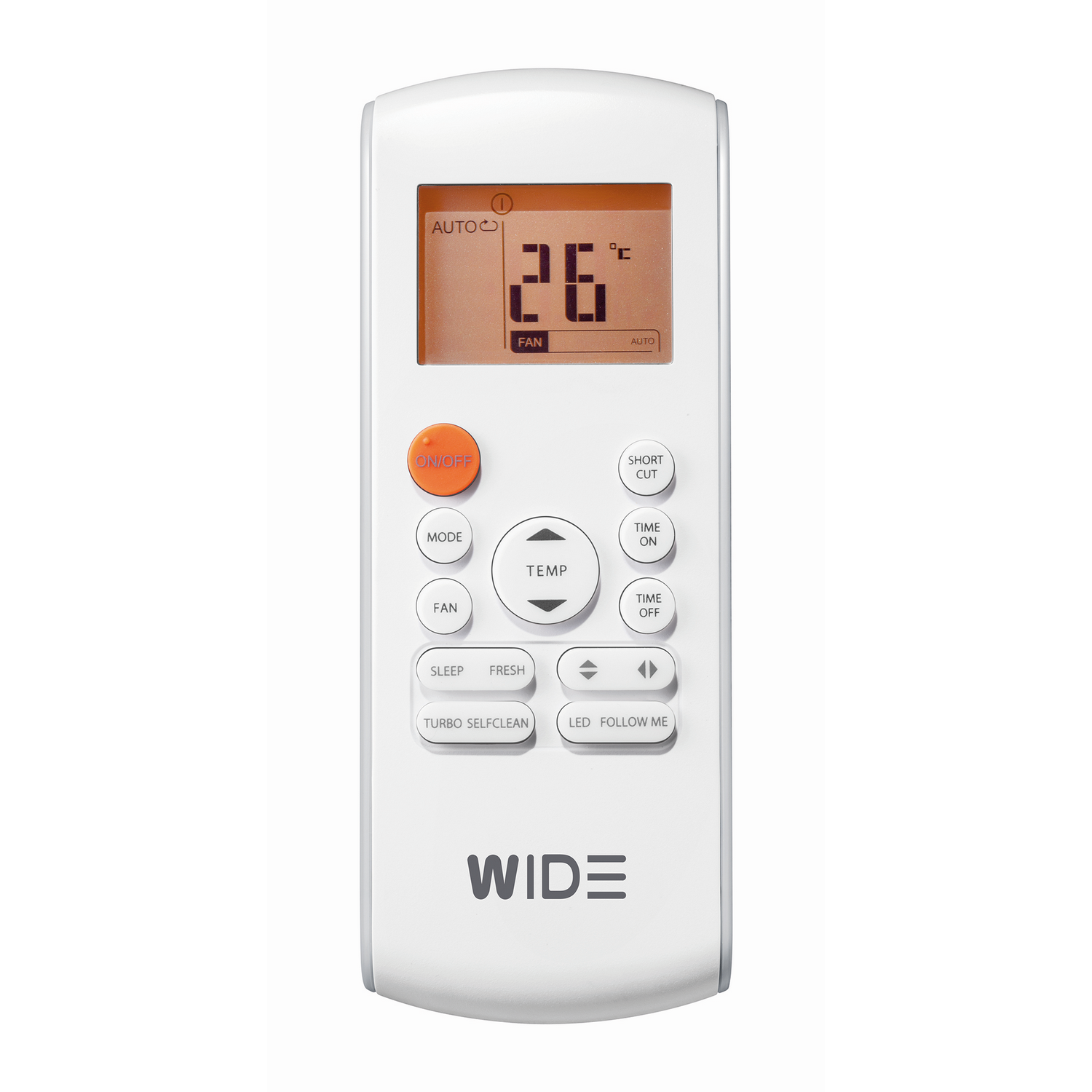 Mando a distancia blanco con una pantalla que muestra 26 grados.