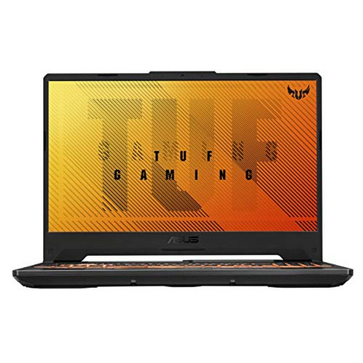 Portátil con diseño naranja y negro en la pantalla, marco negro.