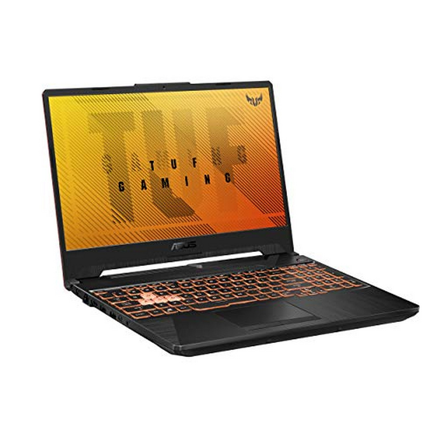 Portátil negro con teclado naranja, abierto sobre una superficie blanca. La pantalla muestra un tema de juegos. Fondo.