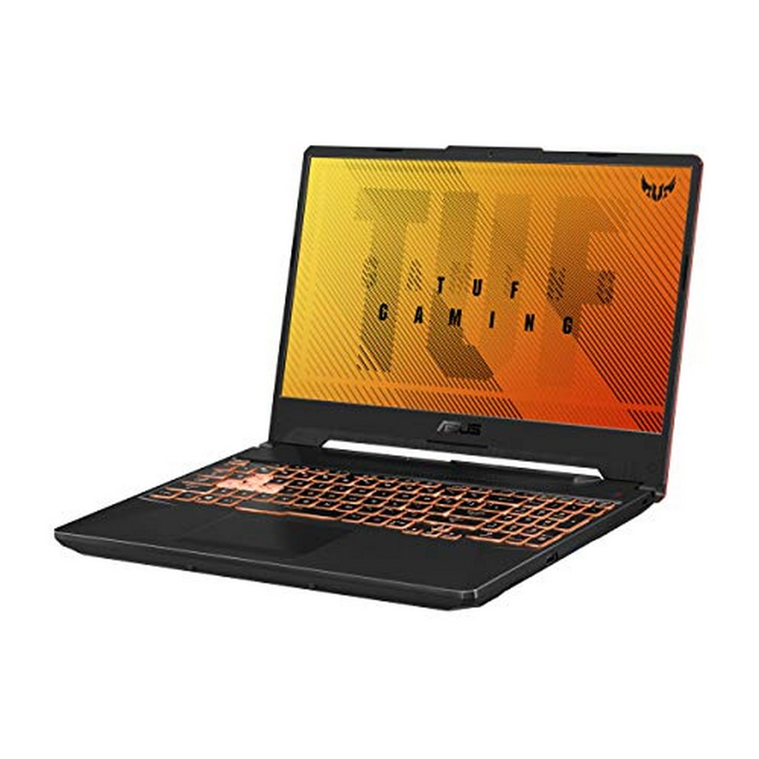 Un portátil para juegos negro con teclado iluminado en naranja, logotipo en la pantalla y fondo blanco.