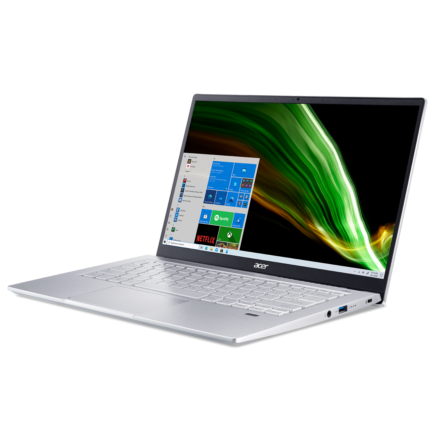 Un portátil Acer plateado abierto con la interfaz de Windows sobre un fondo negro.