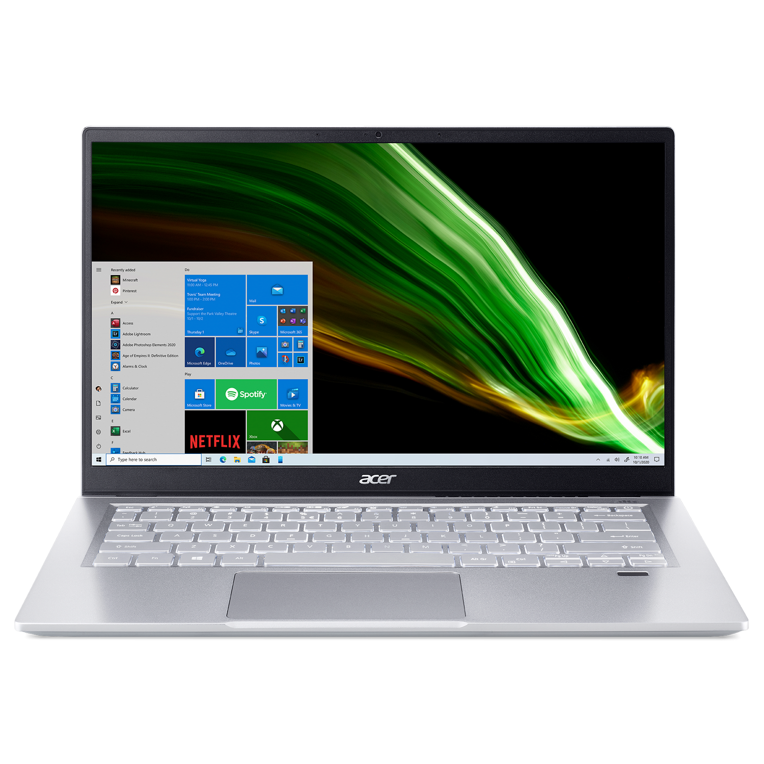 Portátil plateado con pantalla abierta mostrando interfaz Windows, sobre fondo negro.
