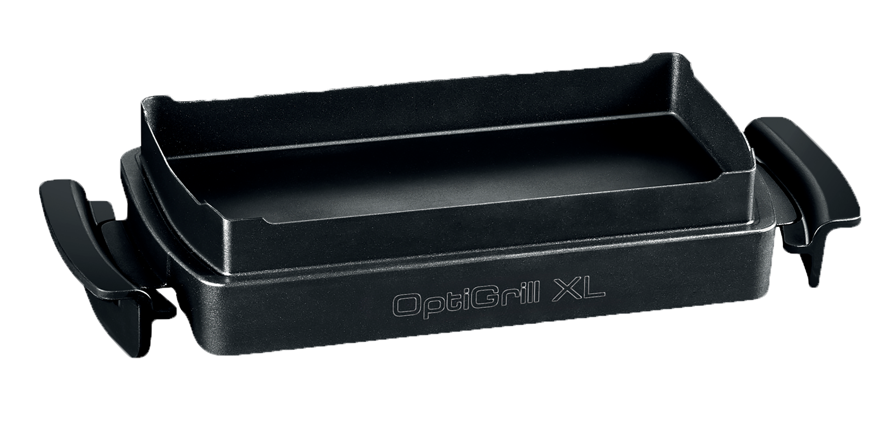 A black OptiGrill XL. It is a rectangular grill with handles and a grilling surface.