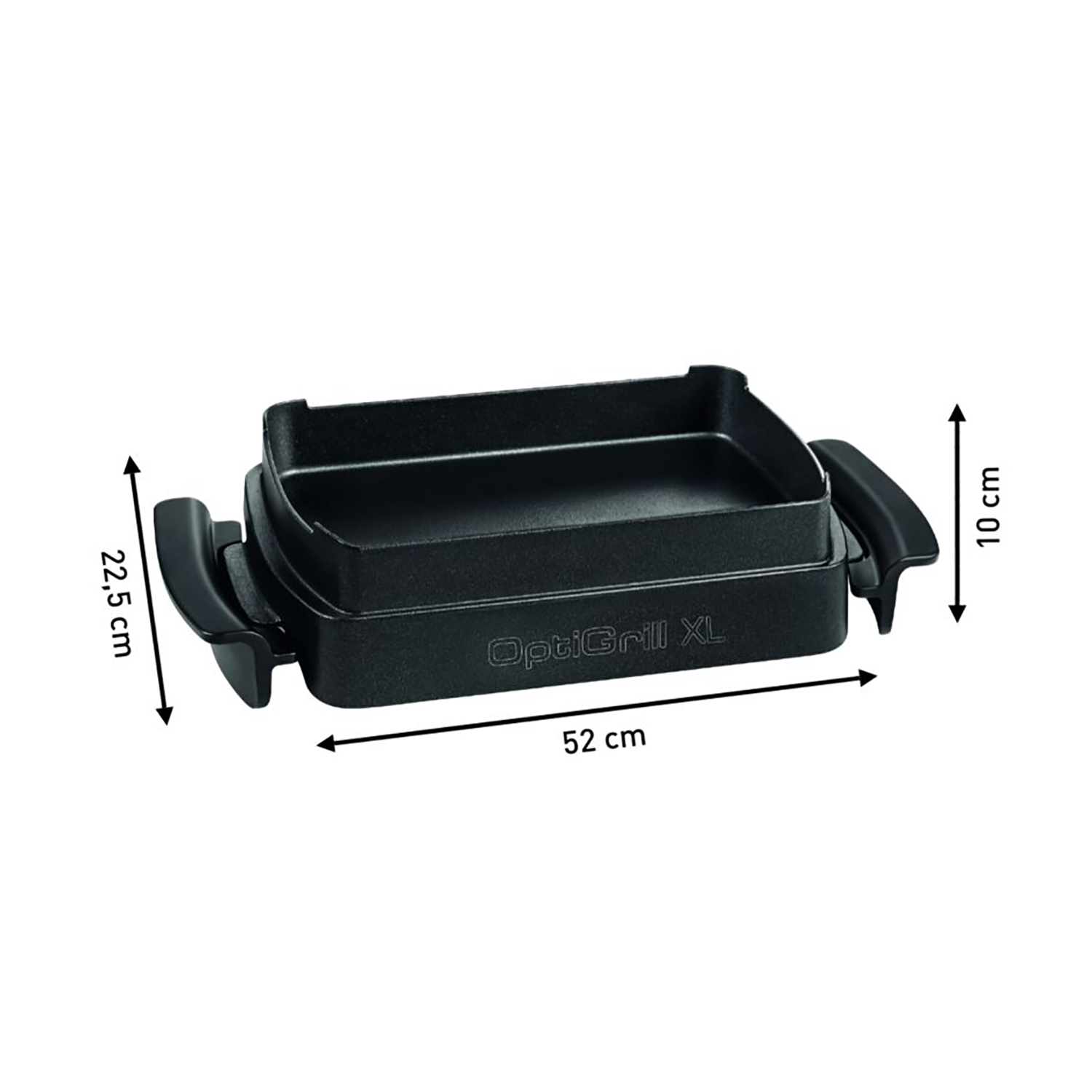 Black OptiGrill XL with dimensions: 22.5 cm x 52 cm x 10 cm. Handles on both sides.